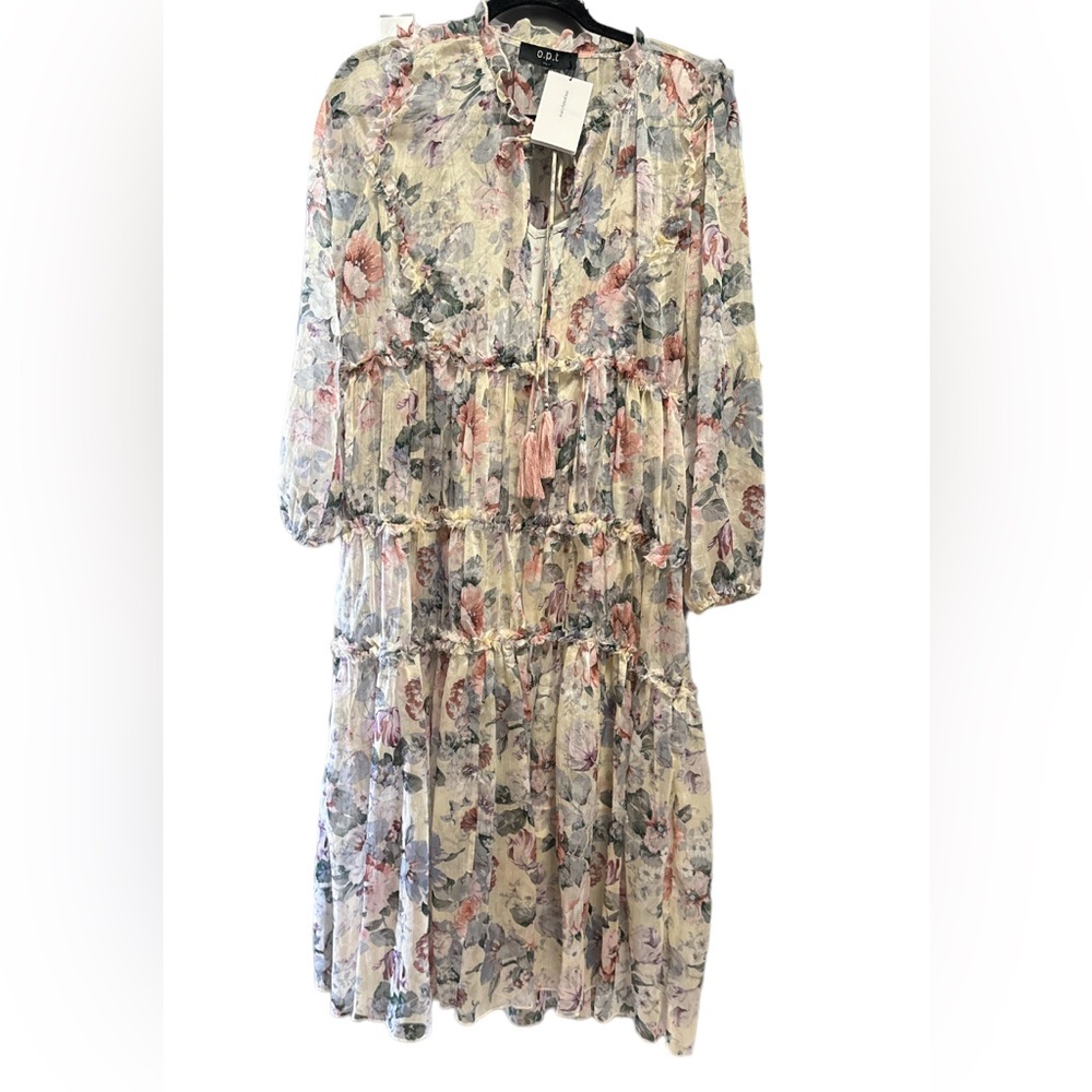 O.P.T. Cream/Pink/Purple Ruffle Floral Chiffon Felicity Midi Dress sz L